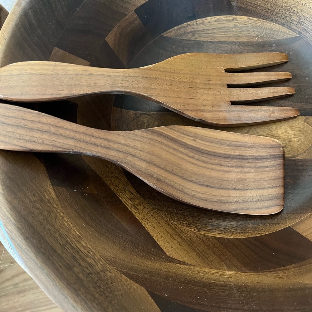 Rustic Walnut Serving Bowl and Utensil Set By Vermillion